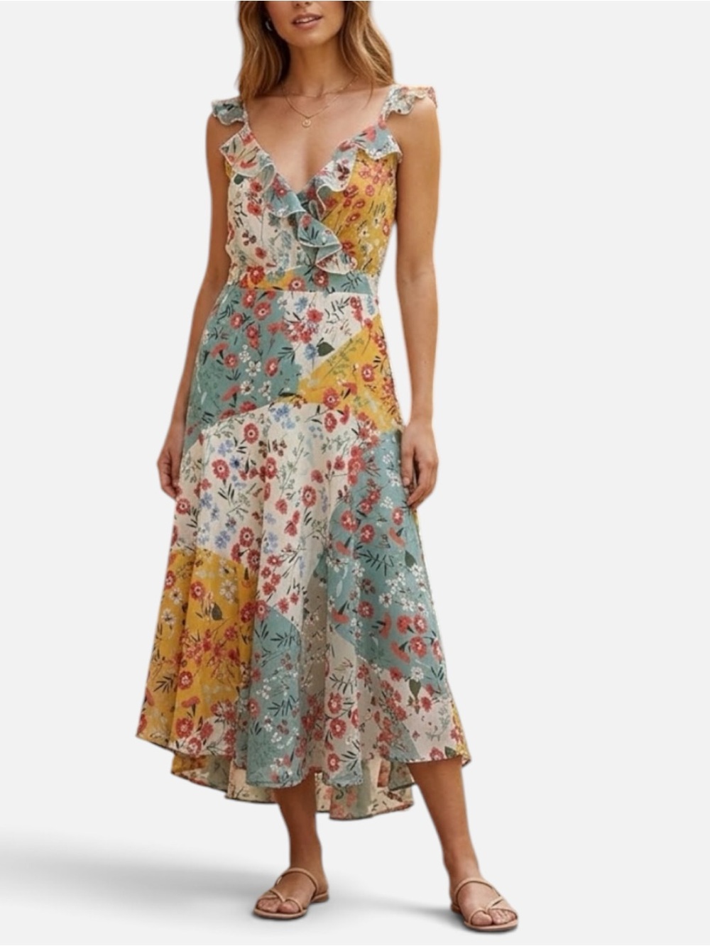 QED London Floral Ruffle Midi Cottagecore Sundress Women’s Size 10